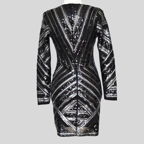 EXPRESS Women's Black & Silver Sequin Stretchy Mini Dress Deep V-Neck Size XS - Picture 4 of 10